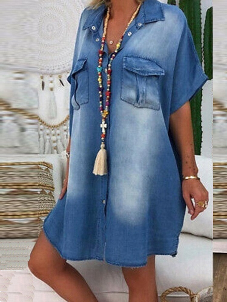 Kvinna Midi Klänning Löst Snitt Denim Kort Ärmar-2