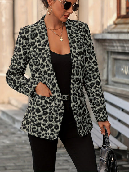 Dam Blazer Lång Leopardmönster Affärslook Kvalitativt Tyg-1