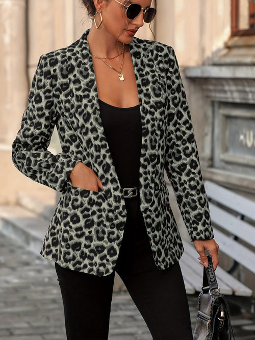 Dam Blazer Lång Leopardmönster Affärslook Kvalitativt Tyg-1