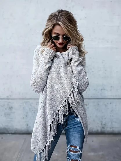 Dam Tunika Tröja med Fransar Mjuk Tygblandning-2