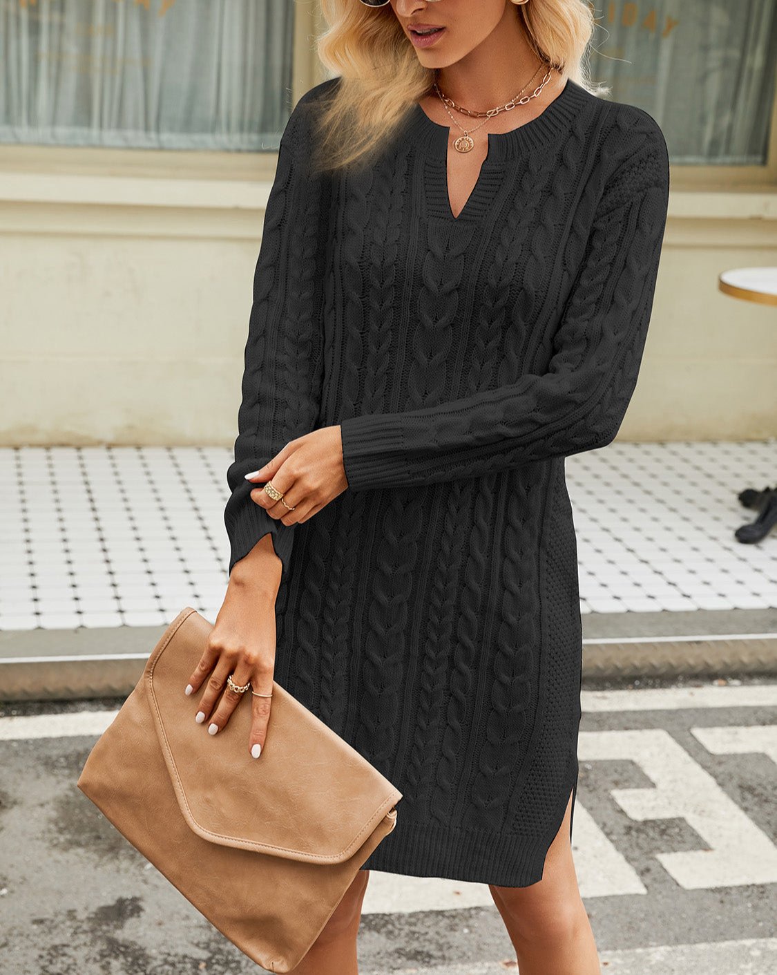 Kvinnors Stickad Klänning Kabelstickning med Skåra-4