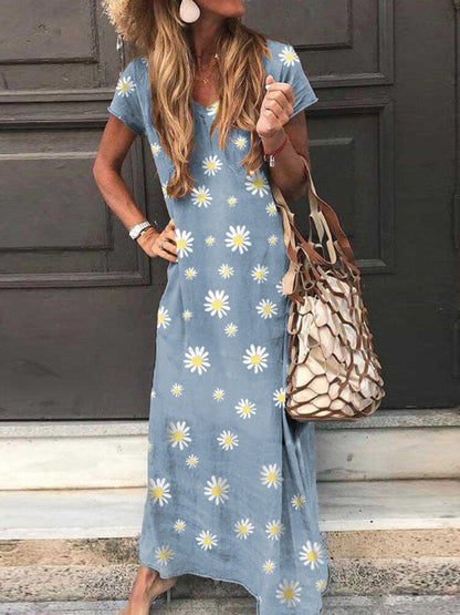 Variant image for Maxiklänning Dam V-ringning Blommönster 100% Polyester Lång Klänning Sommar-9