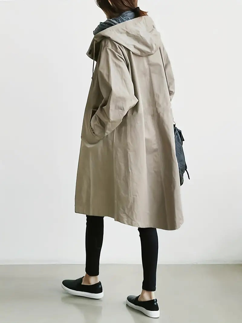 Lång Trenchcoat Dam med Huva och Justerbar Dragsko i Högkvalitativ Polyester-2