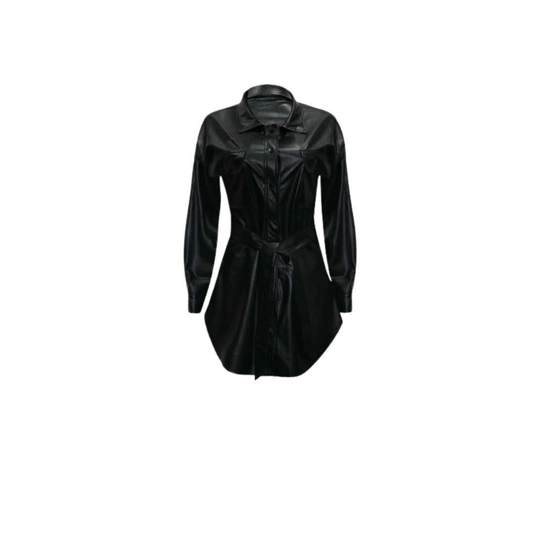 Dam Skjortklänning Syntetiskt Läder med Bälte Elegant Design-3