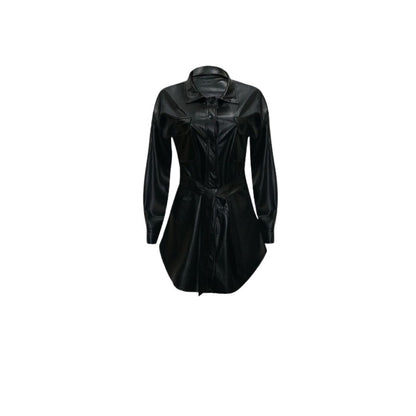 Dam Skjortklänning Syntetiskt Läder med Bälte Elegant Design-3