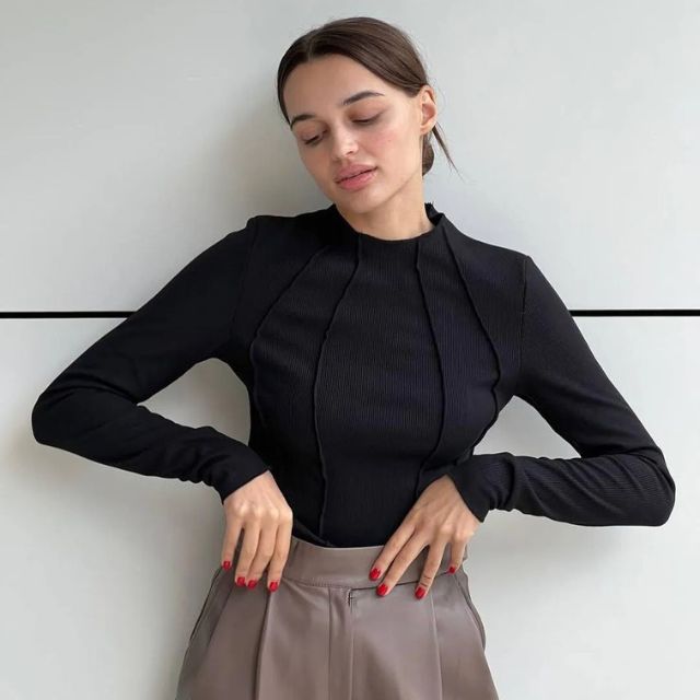 Dam Turtleneck Tröja Elegant Tight Fit 100% Bomull-4