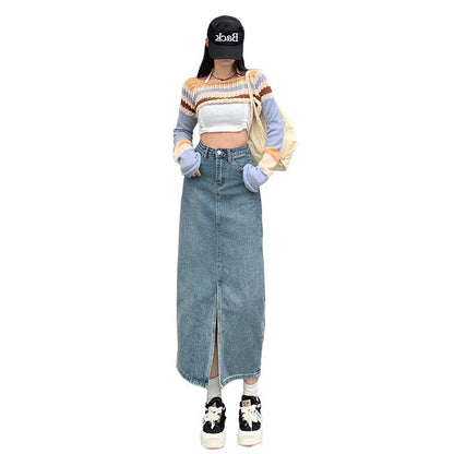 Kjol Dam Hög Midja Retro Denim Midi-5