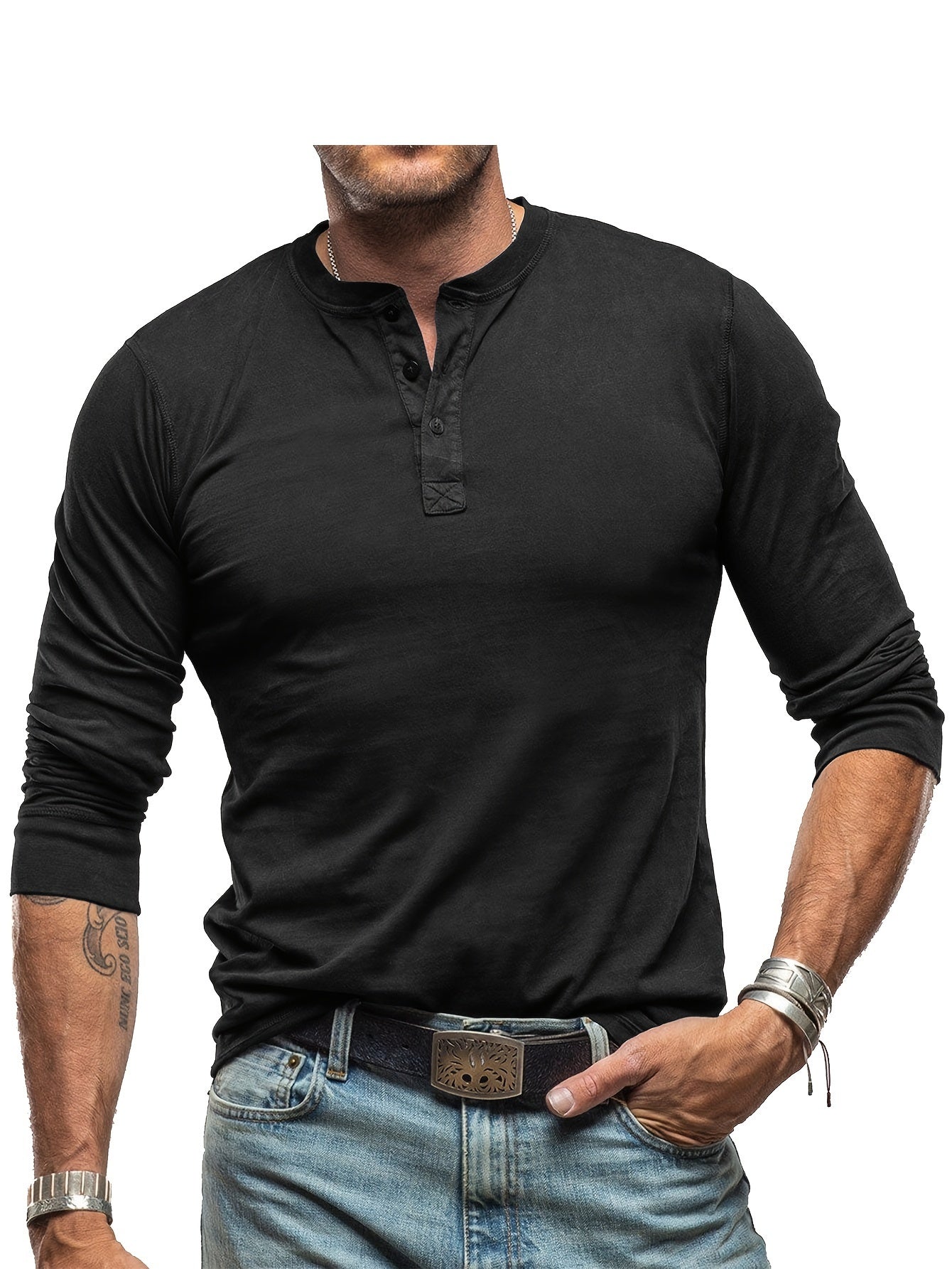 Variant image for Herrskjorta Långärmad Henley Vintage Stil Elastiskt Tyg-6