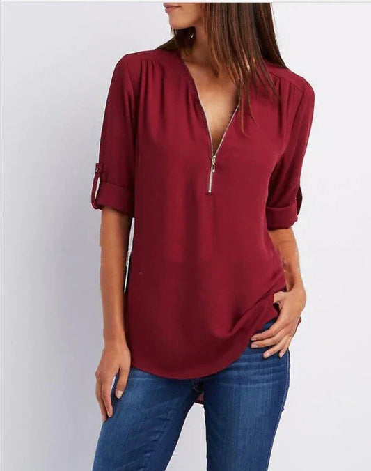 Dam Skjorta Halv Dragkedja Andningsbart Material Loose Fit-1