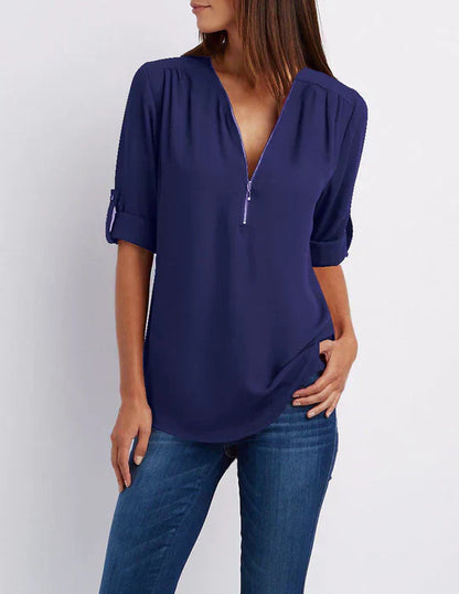 Dam Skjorta Halv Dragkedja Andningsbart Material Loose Fit-5