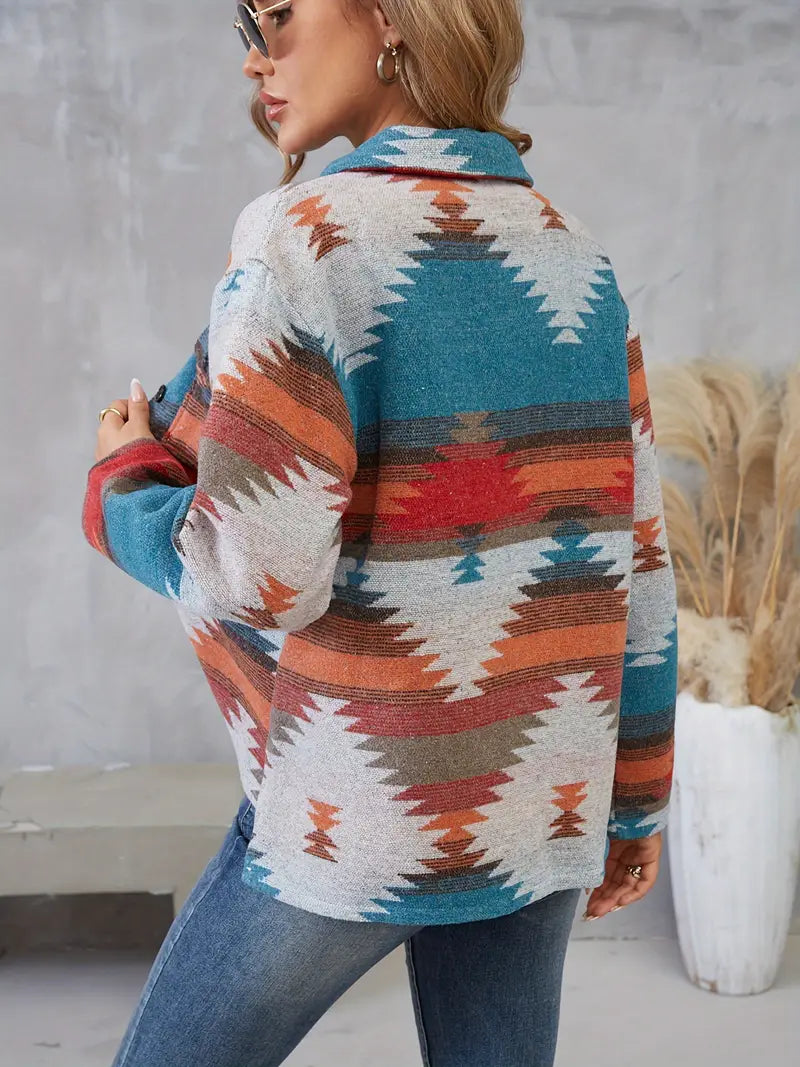 Damjacka Vintage Aztec Mönster Bomull Lång Ärmar Loose Fit-3