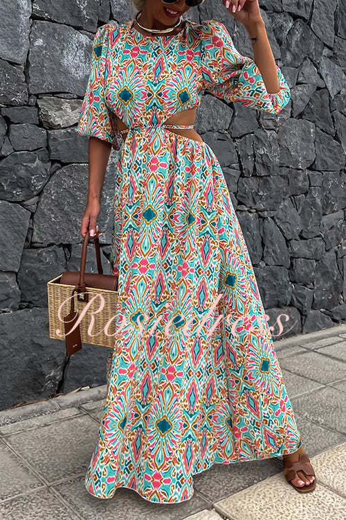 Maxiklänning Dam Puffärmar Ryggfri Tryckt Bomull Polyester-5