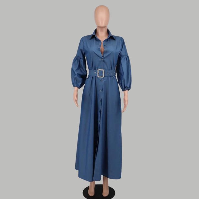 Dam Midi Klänning med Knapp och Fickor, Elegant Bälte och Spetsig Krage, Polyester-4