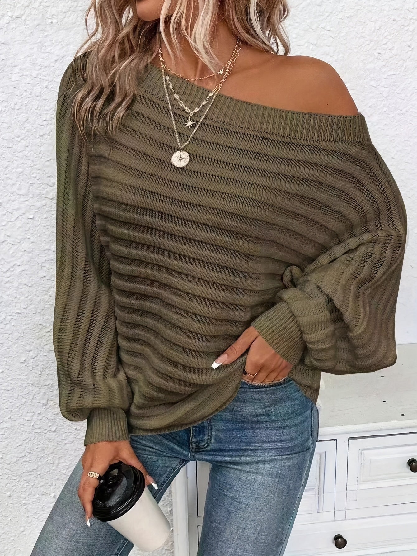 Kvinnors Off-Shoulder Tröja Mjuk Stickad Avslappnad-3