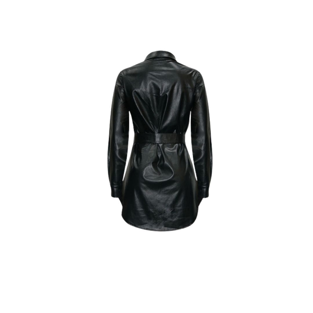 Dam Skjortklänning Syntetiskt Läder med Bälte Elegant Design-5