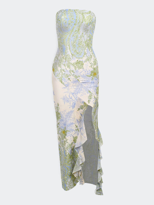 Maxiklänning Dam Stropplös Blommönster Polyester med Slits-1