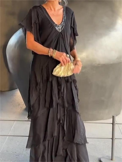 Dam Maxiklänning V-ringning Bohemisk Stil Lätt Material-2