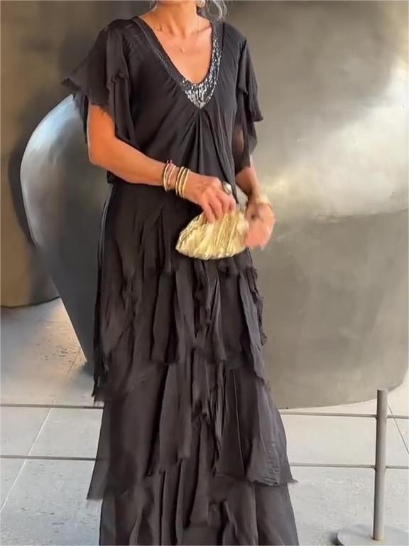 Dam Maxiklänning V-ringning Bohemisk Stil Lätt Material-2