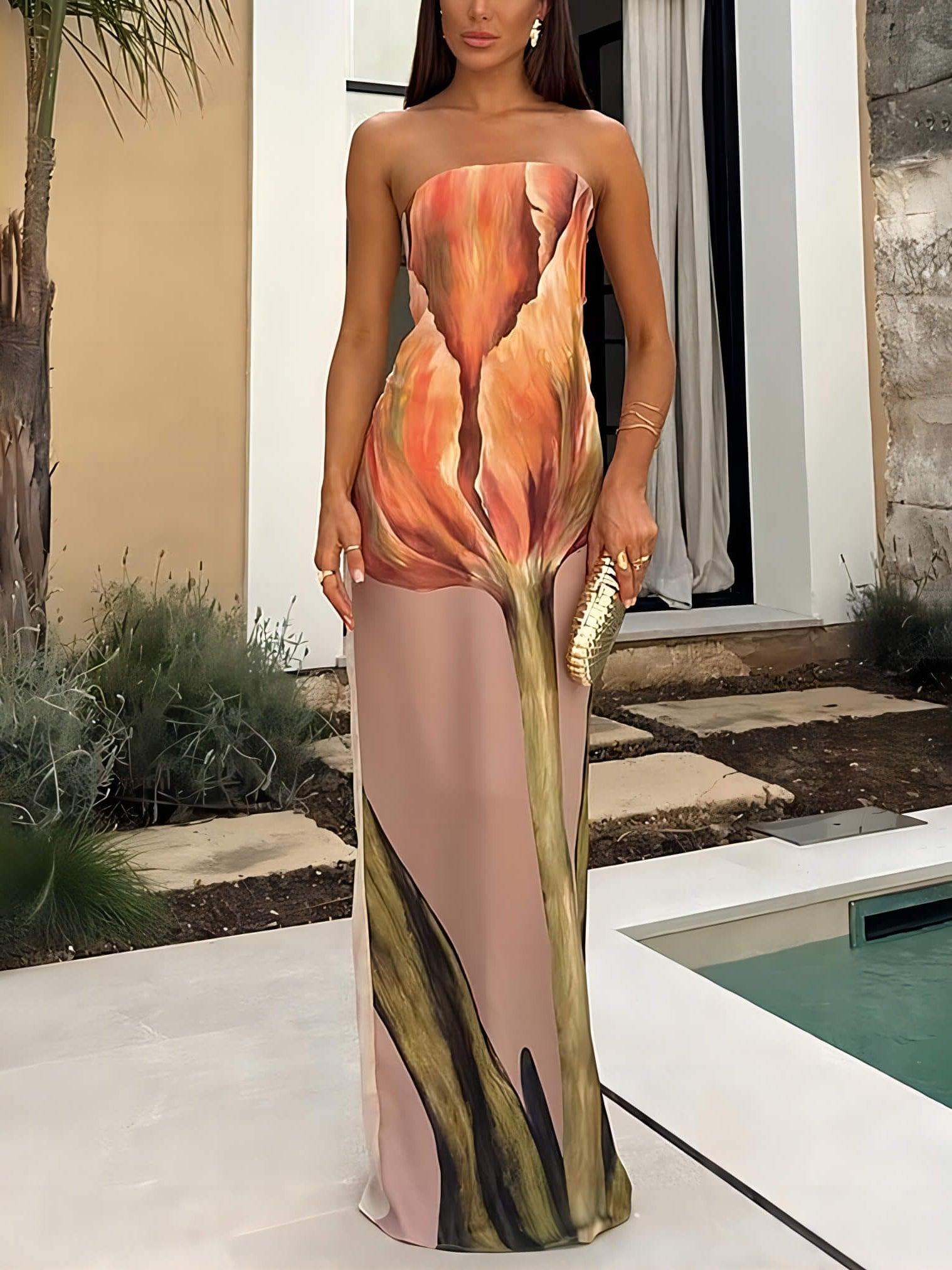 Variant image for Kvinnors Lång Klänning Blommönster Flytande Polyester-1