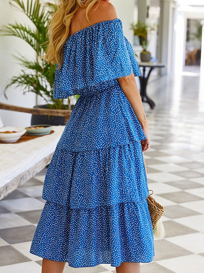 Kvinnors Midi Klänning Kortärmad Prickmönster Polyester-5