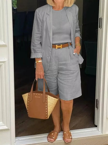 Dam Tvådelad Outfit Långärmad Kappa och Shorts i Bomull och Linne-4