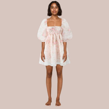 Dam Mini Klänning med Vinkelhalsring och Puffärmar i Polyester-5