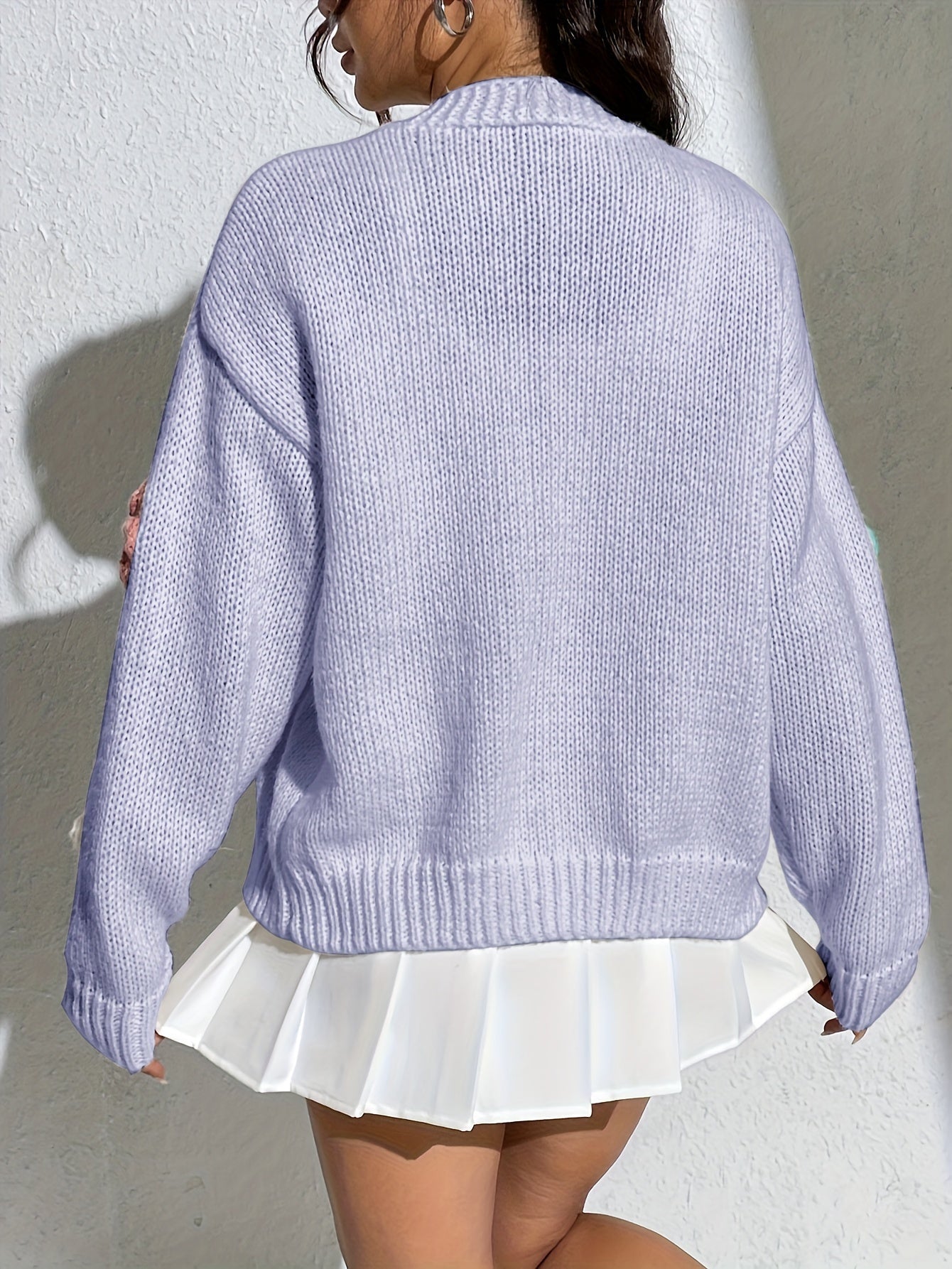 Kvinna Lång Kofta Blommönster Ullstickad 3