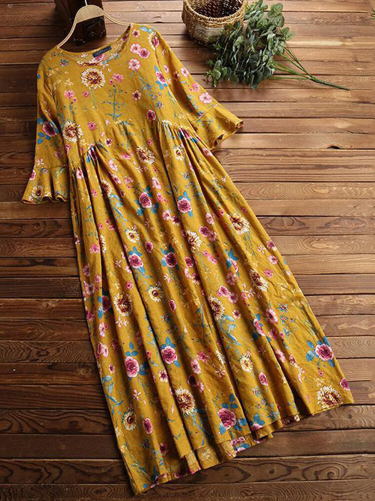 Maxiklänning Dam Blommönster Rundad Hals 100% Bomull Viskos Lång Ärmar-1