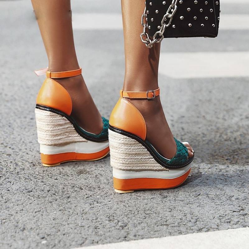 Dam Sandaler Wedge PU-läder med Plattform Hög Klack-3