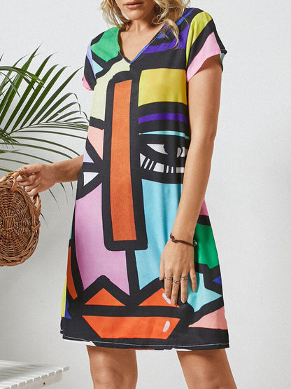 Kvinnors Midi Klänning V-ringning Abstrakt Mönster Polyester 3