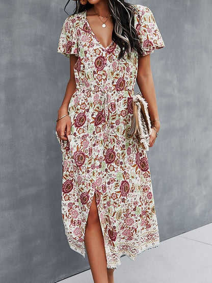 Kvinna MIDI Klänning V-ringning Blommönster Bomull Viskos 2