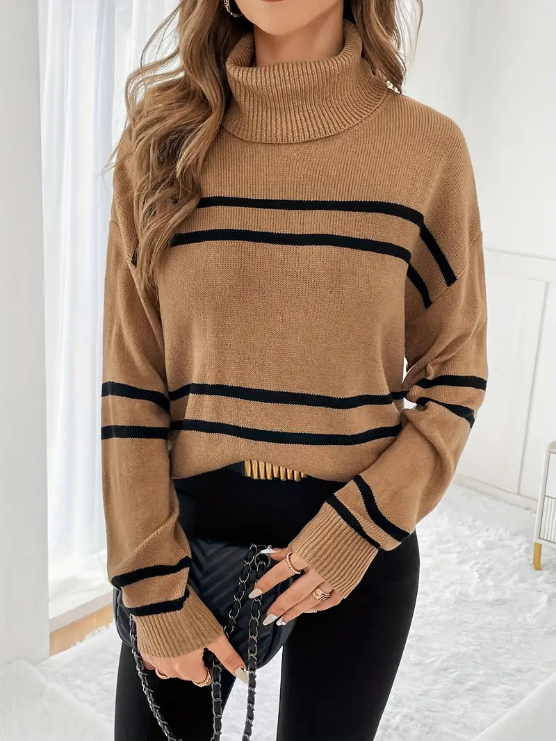 Kvinnors Turtleneck Tröja Boho Randig Mjuk Tygblandning-2