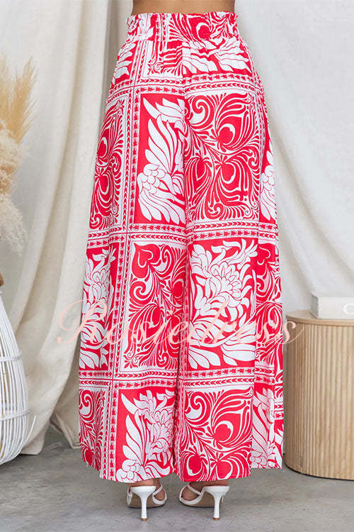 Dam Skördetopp och Tryckta Byxor med Elastisk Midja i Bomull och Polyester-6