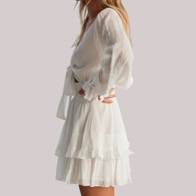 Dam Wrap Klänning med Ruffles och Djup V-hals i Polyester-3