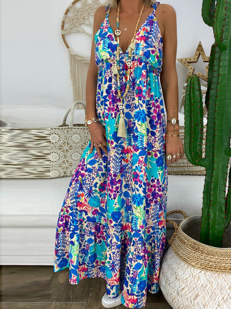 Dam Maxiklänning Blommönster Elastisk Polyester Lång Klänning För Sommar-6