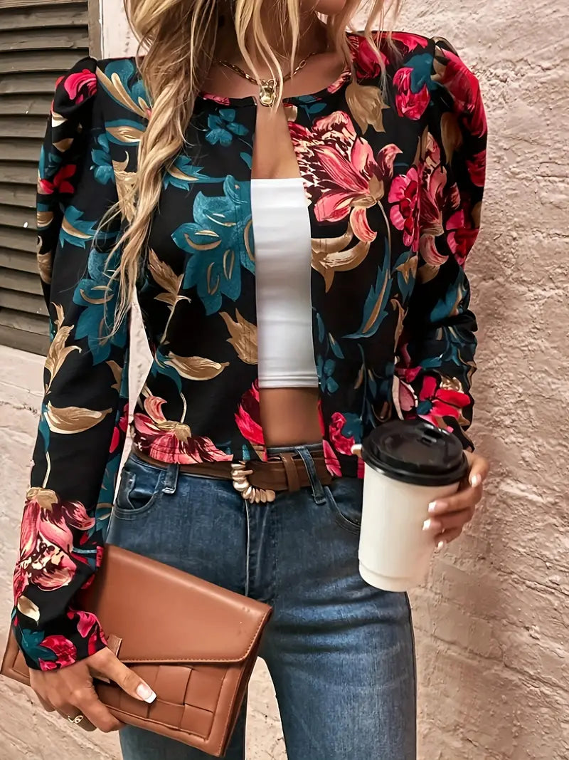 Dam Blommig Öppen Jacka Polyester Lång Puffärm-3