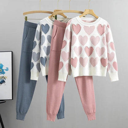 Dam Pyjamas Set Hjärttryck Stickad Design med Ribbade Manschetter 4