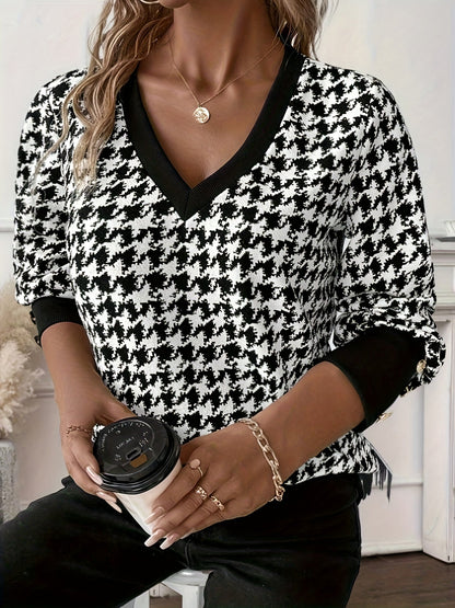 Kvinnors Långärmad Tröja V-ringning Mönstrad Mjuk Stickad Väv 3