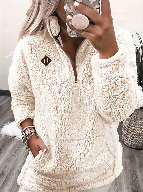 Dam Tröja Quarter Zip Pullover Teddy Material Mjuk och Bekväm-1