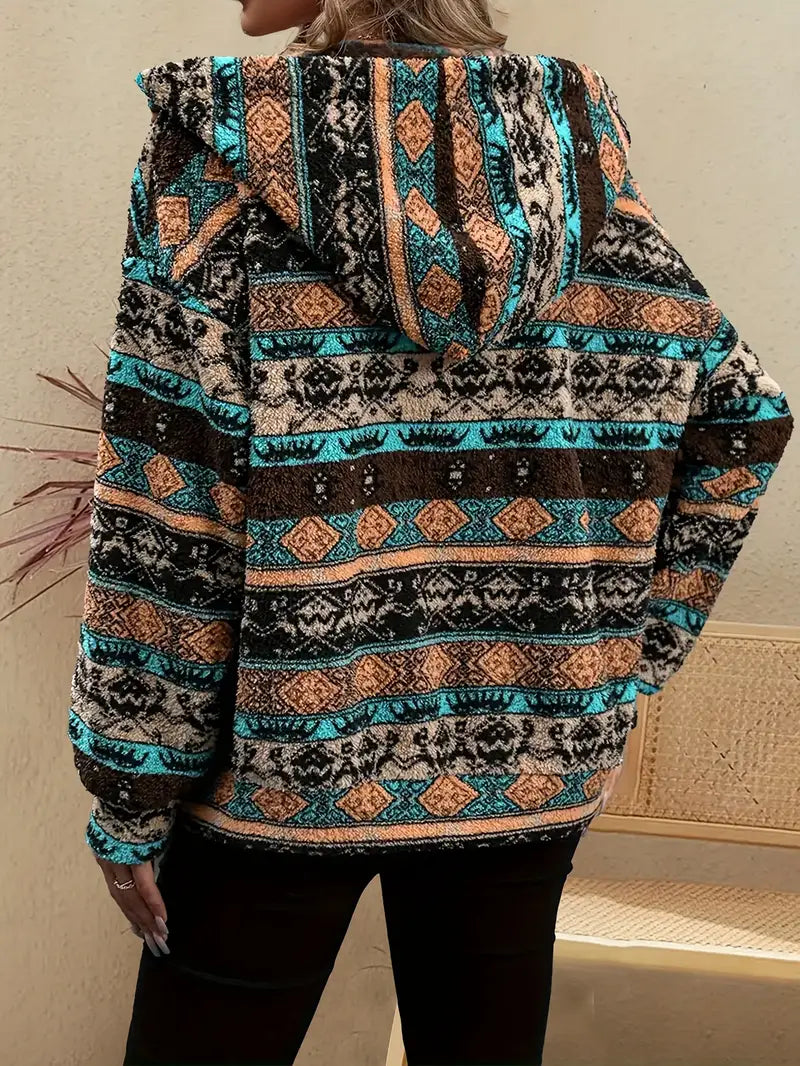 Damjacka Plysch Färgblockad med Huva och Praktiska Fickor-4