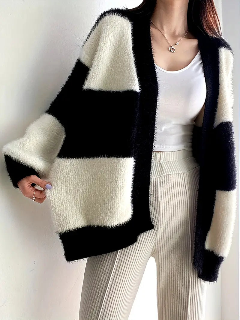 Dam Lång Kofta Färgblock Design Mjuk Material-4