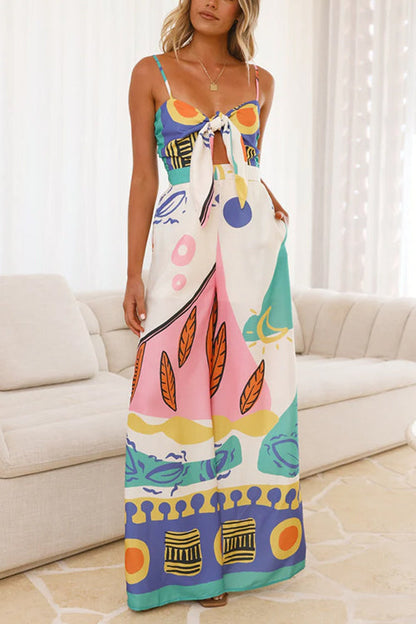 Dam Jumpsuit Knut Fronten Tryckt Bomull Polyester med Breda Ben och Fickor-4