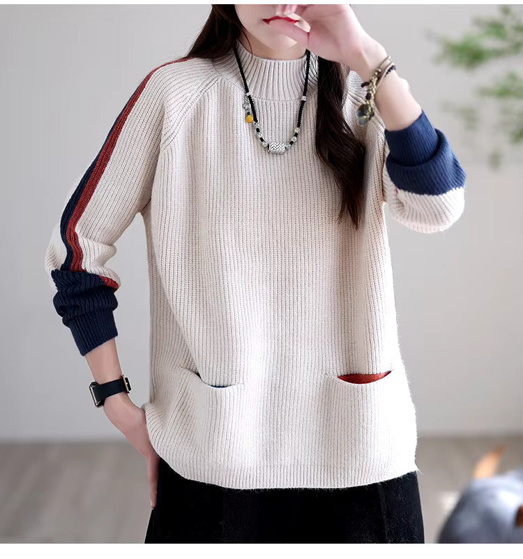 Dam Tröja Överdimensionerad Mjuk Tygblandning med Fickor-3