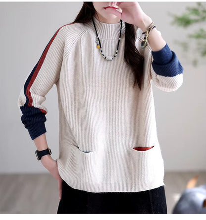 Dam Tröja Överdimensionerad Mjuk Tygblandning med Fickor-3