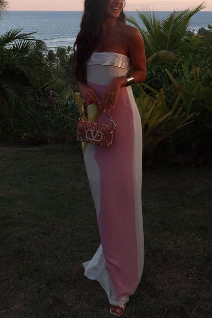 Maxiklänning Dam Axelfri Färgblock Bomull Polyester-3