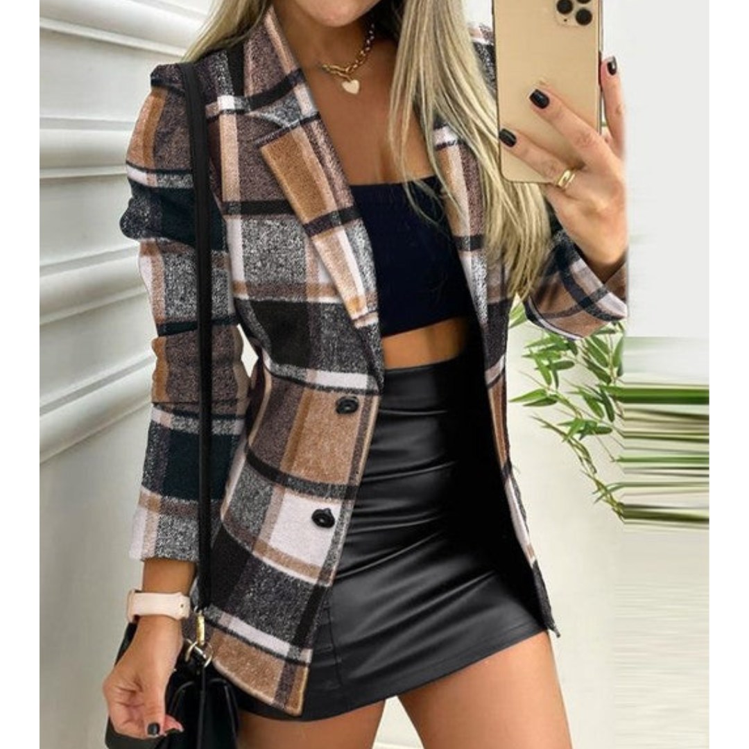 Kvinnlig Blazer i Rutigt Mönster – Lång Passform i Högkvalitativt Tyg för Affär och Fritid 4