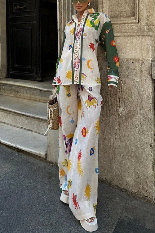 Dam Blus Set med Tryck och Lösa Byxor i Bomull och Polyester-3