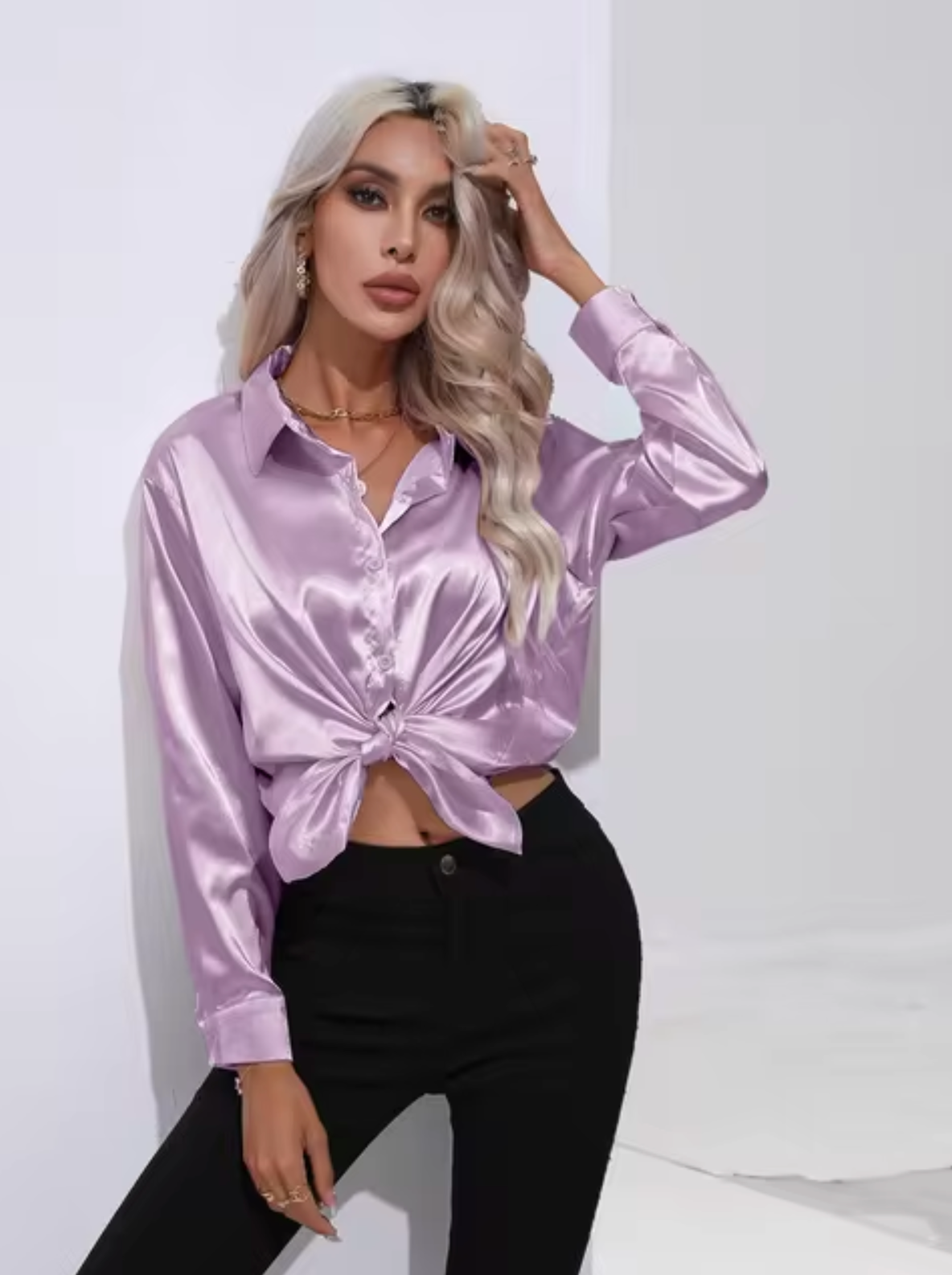 Variant image for Dam Blus Långärmad Satin Elegant V-Ringning-41