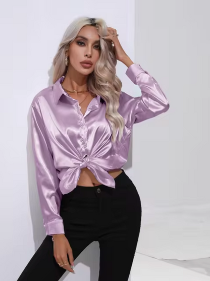 Variant image for Dam Blus Långärmad Satin Elegant V-Ringning-41