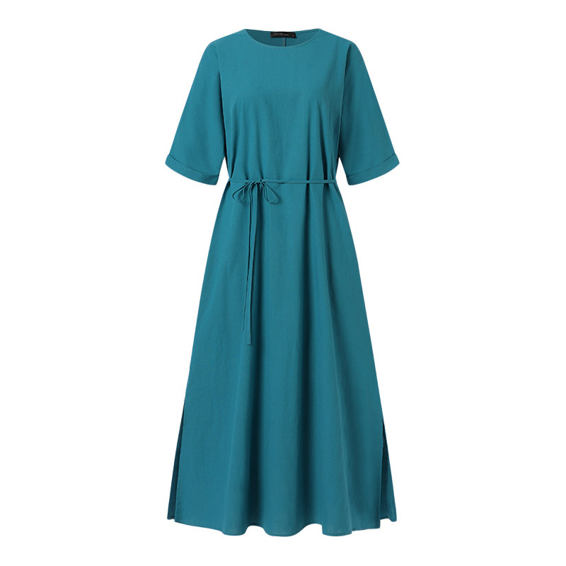 Dam Maxiklänning Boho Stil Bomull Korta Ärmar O-hals 2